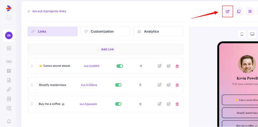 edit link in bio page link