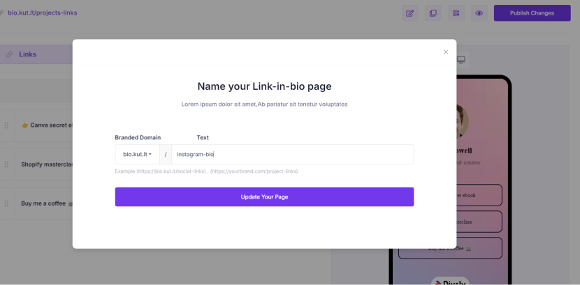 name link in bio page