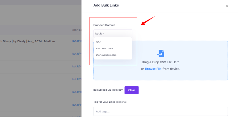 select custom domain for bulk link shortening