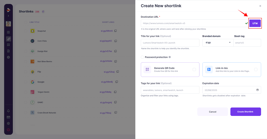 add utm parameters button