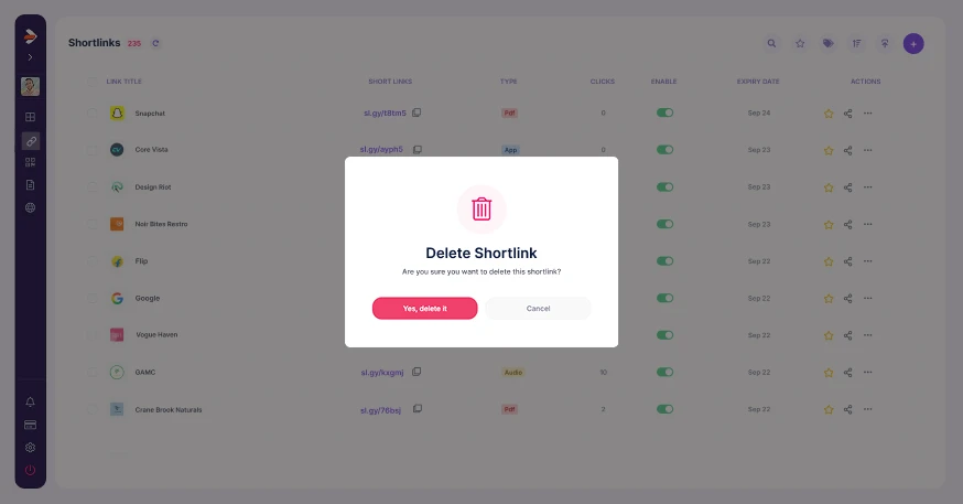 delete link popup