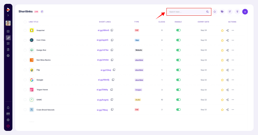 shortlinks search