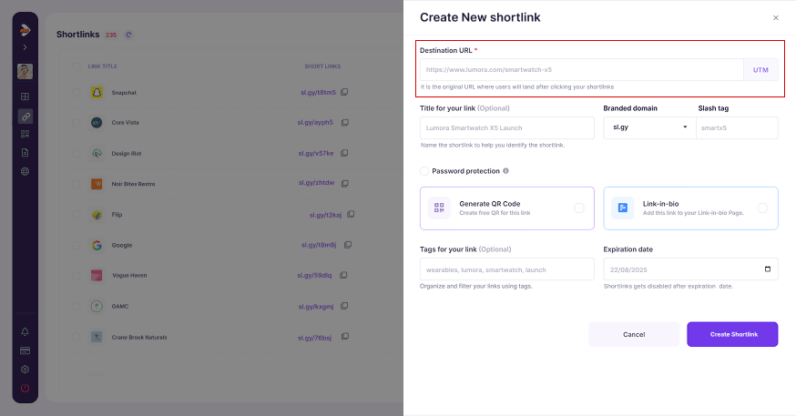 add destination url