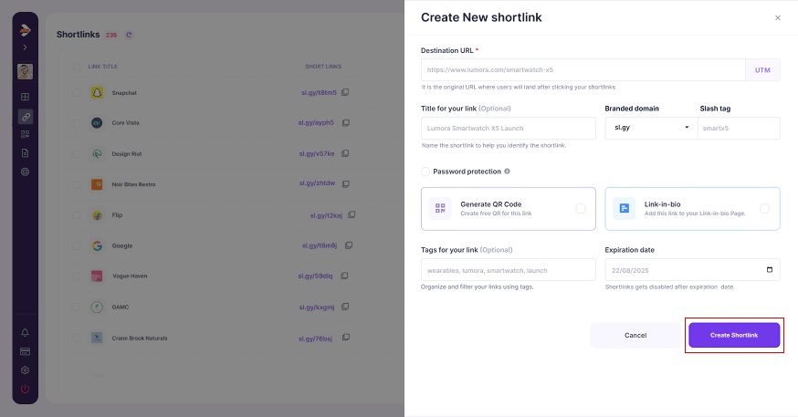 shortlink create button