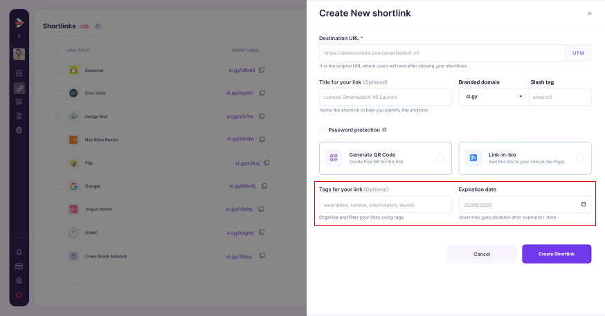 shortlink tags and expiry date