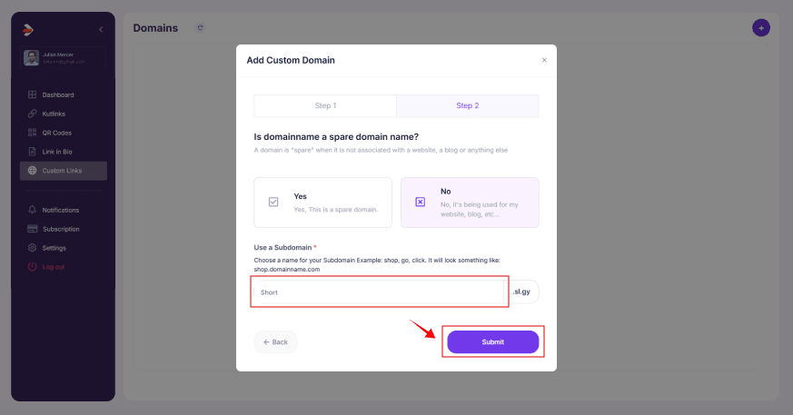 add subdomain as custom link